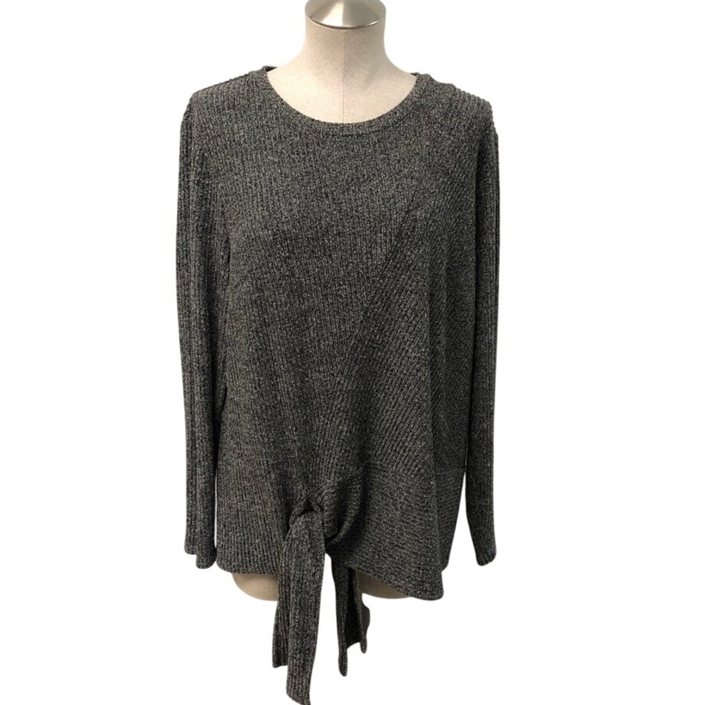 Nic+Zoe Top Womens 1X Gray Ribbed Front Tie Long Sleeve Crew Neck Pullover